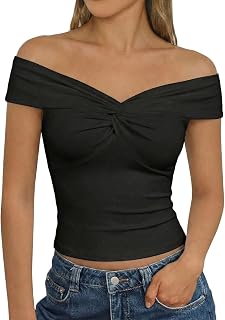 VUBIYA Women’s Off the Shoulder V Neck Tops 2026 Summer Trendy Basic Slim Fit Double-Lined Y2K T-Shirts for Going Out