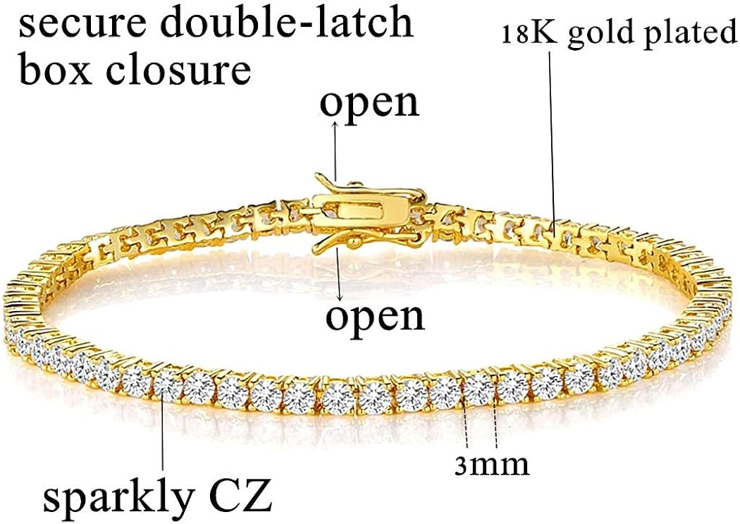 7.5 Inch Gold Plated Cubic Zirconia Tennis Bracelet for Women and men (Yellow gold 3mm CZ & box clasp lock): Clothing, Shoes & Jewelry