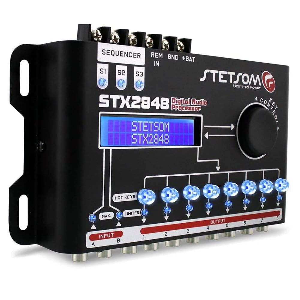 1 Stetson STX2848 procesador de Audio Digital de 8 Canales, Pantalla LCD, 2 entradas de Audio, 8 Salidas Independientes, para Auto Coche, 1 Pieza