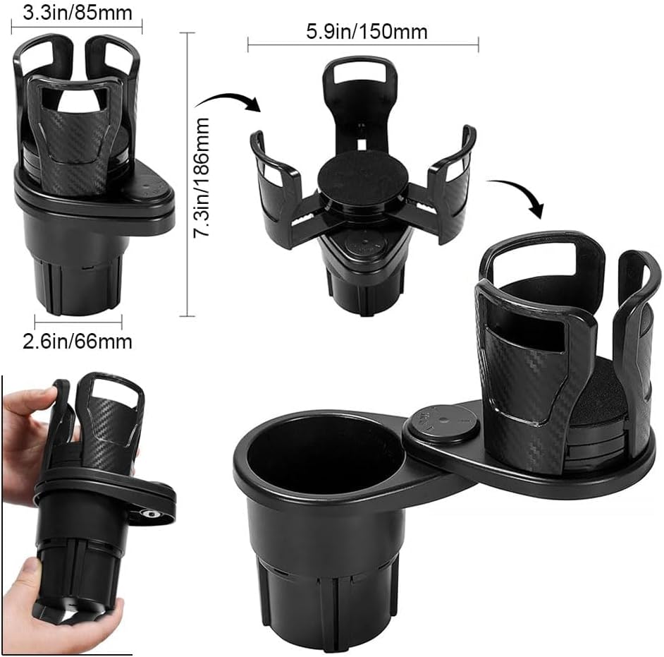 車用ドリンクホルダー 多機能360˚回転 7.4-15cm 調節可能 2in1 車載カップホルダー 滑り止め 車用小物入れ 自動車用ドリンクスタンド 収納便利 カーボン製 ドリンク以外にも カップラーメン ホールド可能 カー用品 アクセサリー