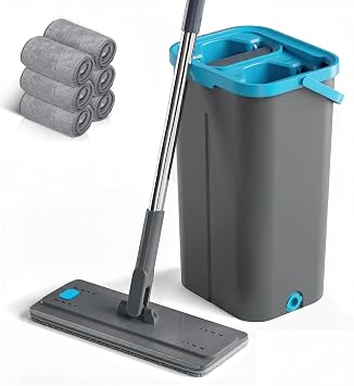 Flat Floor Mop and Bucket Set with Wringer, MASTERTOP 2-in-1 Cleaning System Includes 140cm Telescopic Handle&6 Super Absorbent Pads,Compact Lightweight Bucket for Tile, Laminate, Hardwood Floor