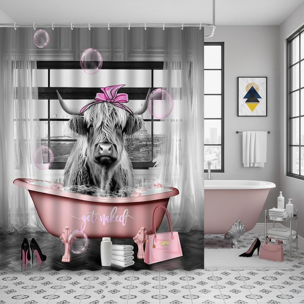 Funny Highland Cow Shower Curtain Pink Bathtub 70Wx70H Inches