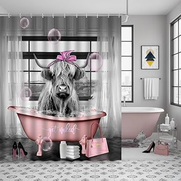 Fashion Highland Cow Shower Curtain Get Naked Pink Funny Cute Animal Bathtub Bubble High Heel Bag Farmhouse Bathroom Decor Fabric Curtains with Hook 70Wx70H Inches