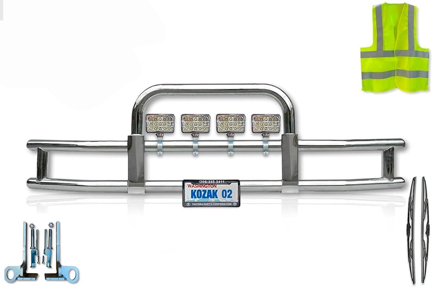 KOZAK Compatible with Peterbilt 579 2013-2020 Front Bumper Grille Deer Brush Moose Guard - Square - 4x6" 60LED Lights, License Plate Holder, Bracket, Logo, Wipers and KOZAK Reflective Vest Included