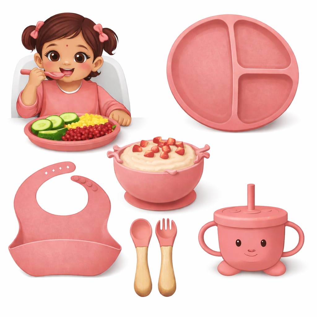 SJC Global – 6 PCS (Pink) Silicone Toddler Adjustable Tableware Set | Suction Bowl, Plate, Spoon, Fork, Bib & Cup for Babies | Silicone Baby Feeding Kit for Infants | BPA Free Food Grade