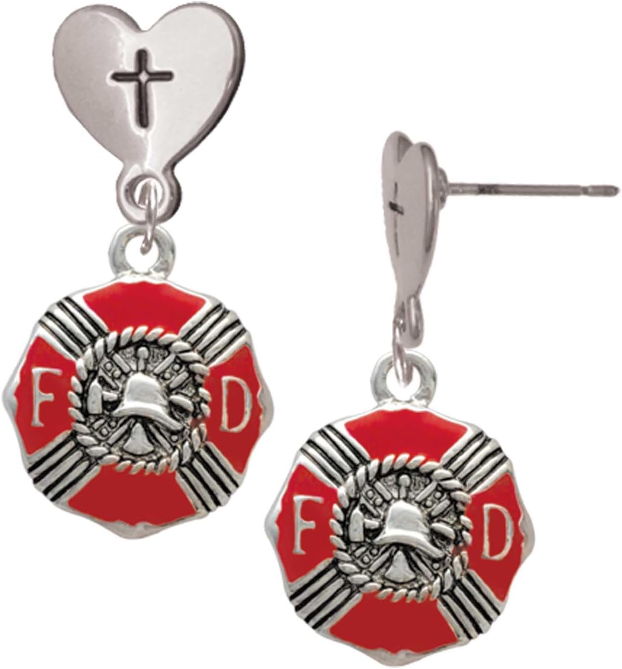 Delight Jewelry Silvertone Red Enamel Fire Department Medallion Cross in Heart Post Dangle Earrings