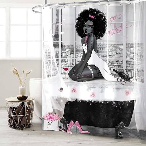 Miyotaa African American Shower Curtain Set 60Wx71H Inches Black Girl Women Sexy Fashion Eiffel Tower Paris Get Naked Polyester Waterproof Bathroom Curtain With 12 Hooks #TOP1