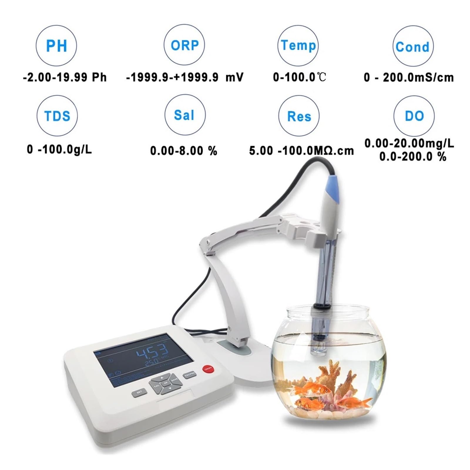 Misuratore di qualità Del'acqua da Laboratorio Digitale 8 in 1 PH/ORP/TDS/EC/Temp/Sal/RES/DO Ad Alta Precisione Tavolo Rilevamento Rapido E Preciso