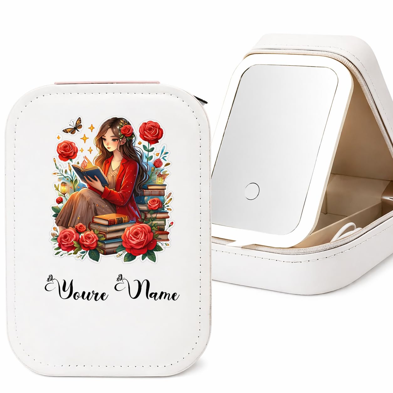 PRIMIT LED Travel Jewelry Case with Mirror, 10 Sealed Book Lover Girl - Image 1