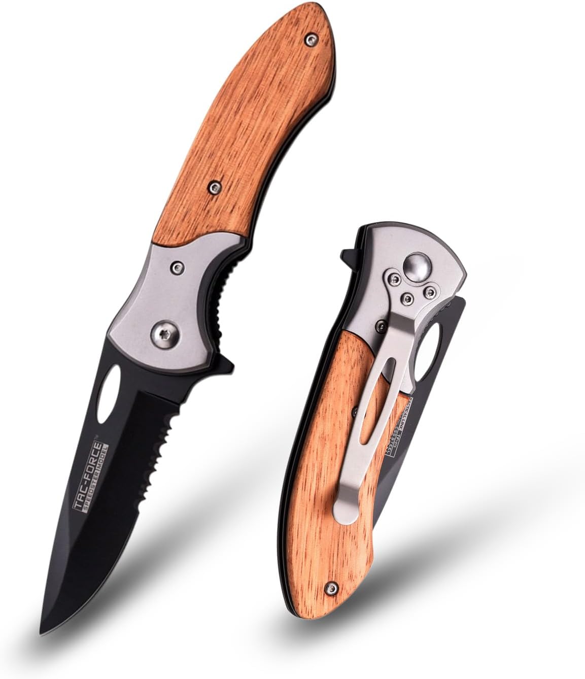 Tac-Force Folding Pocket Knife Series, Drop Point Blade, Wood Handle with Stainless Steel Bolster, Pocket Clip, Tactical, EDC, Rescue