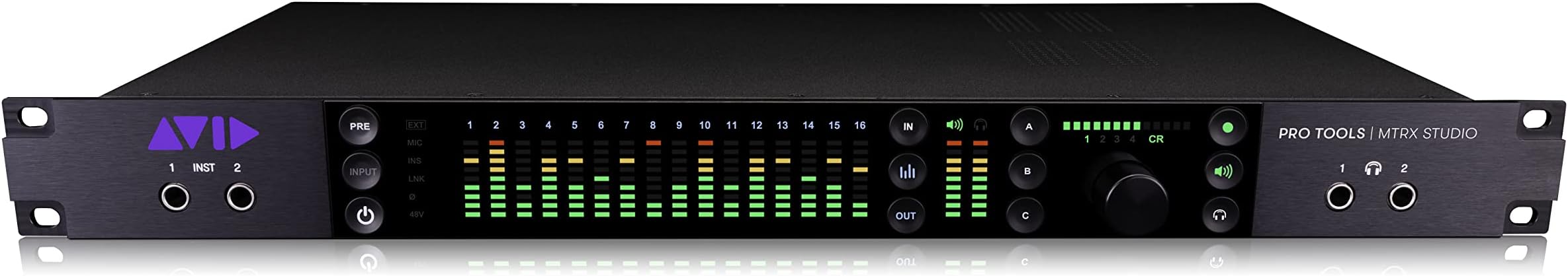 Avid Pro Tools MTRX Studio Interface, Model Number AVI99007406800, 64-channel Dante I/O, 18-channel Analog I/O, Dolby Atmos 7.1.4 Monitoring, Speaker Calibration, USB/Ethernet Connectivity