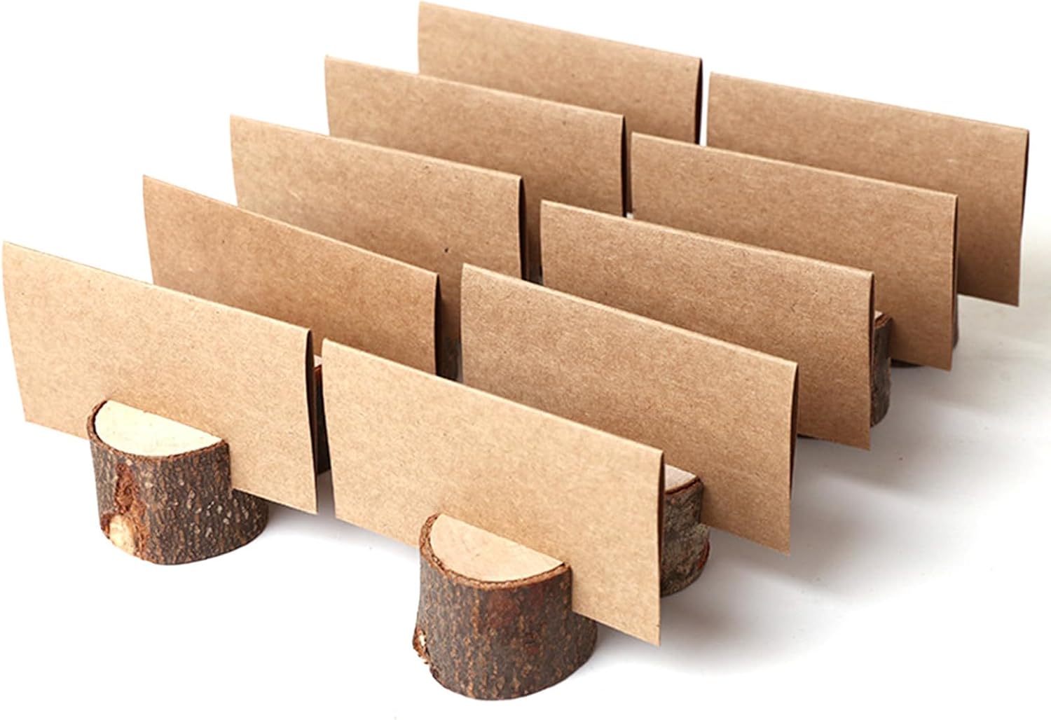100 Pack Rustic Wooden Place Card Holders with 100 Kraft Cards, Table Number Holder, Photo Display Stand, Memo Card, Food Label Holder for Wedding, Party, Craft