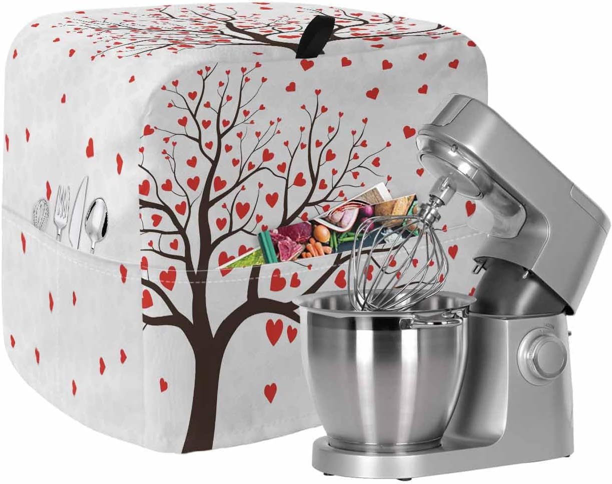 Love Tree Stand Mixer Cover with Storage Pocket, Waterproof Kitchen Mixer Covers, Valentine's Day Red Heart Modern Minimalist Kitchen Appliance Dust Cover Compatible with 4/4.5 Quart Mixers