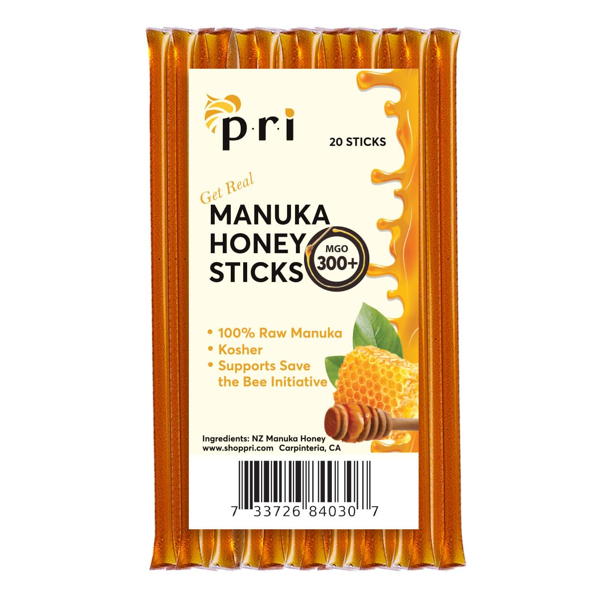 P.R.I Manuka Honey Sticks, Certified MGO 300+, Raw New Zealand Manuka Honey, Perfect for On-the-Go, 20ct