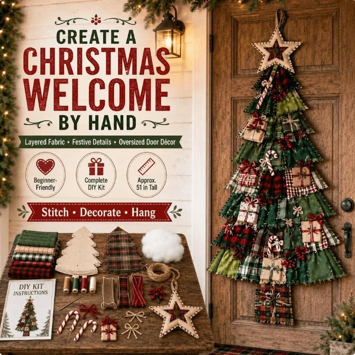 DIY Oversized Patchwork Christmas Tree Door Hanger Kit, 3D Fabric Sewing & Assembly Craft Kit for Adults, Holiday Home Wall & Entryway Decor, DIY Quilted Christmas Tree Kit for Front Door Display，#1