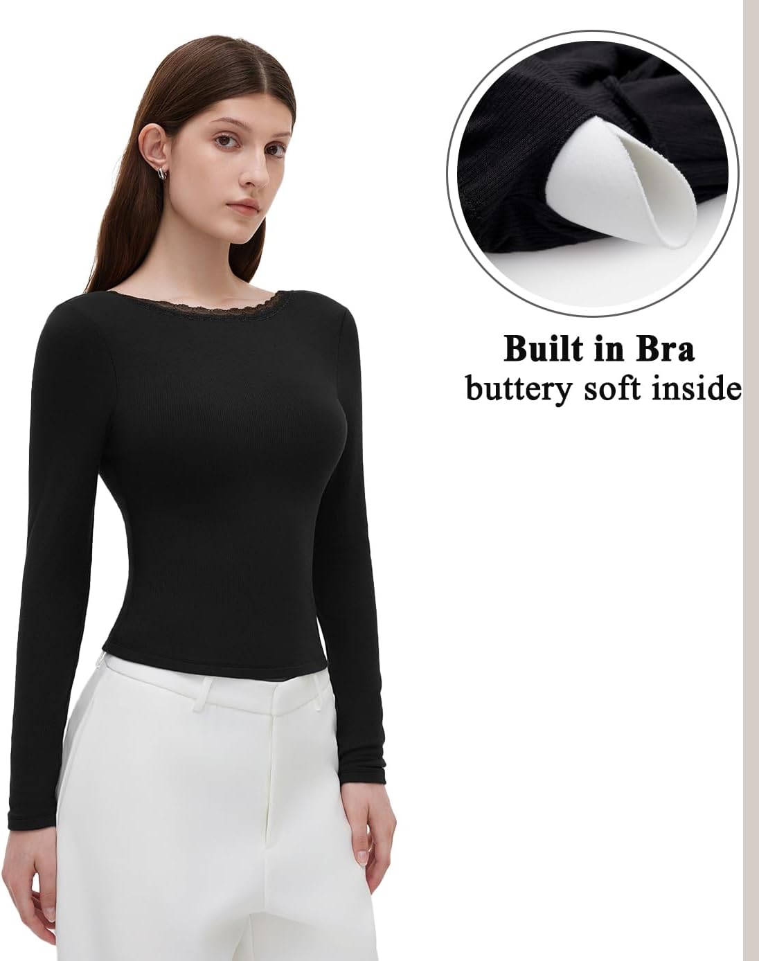 OMKAGI Backless Going Out Tops for Women Fitted Long Sleeve Double Layer Lace Shirts - Image 3