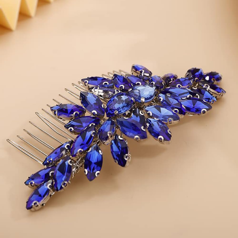 Crystals Hair Comb for Bride for Women for Girls Cute Teardrop Hair Comb Slide Multi-Color BLUE - Image 3
