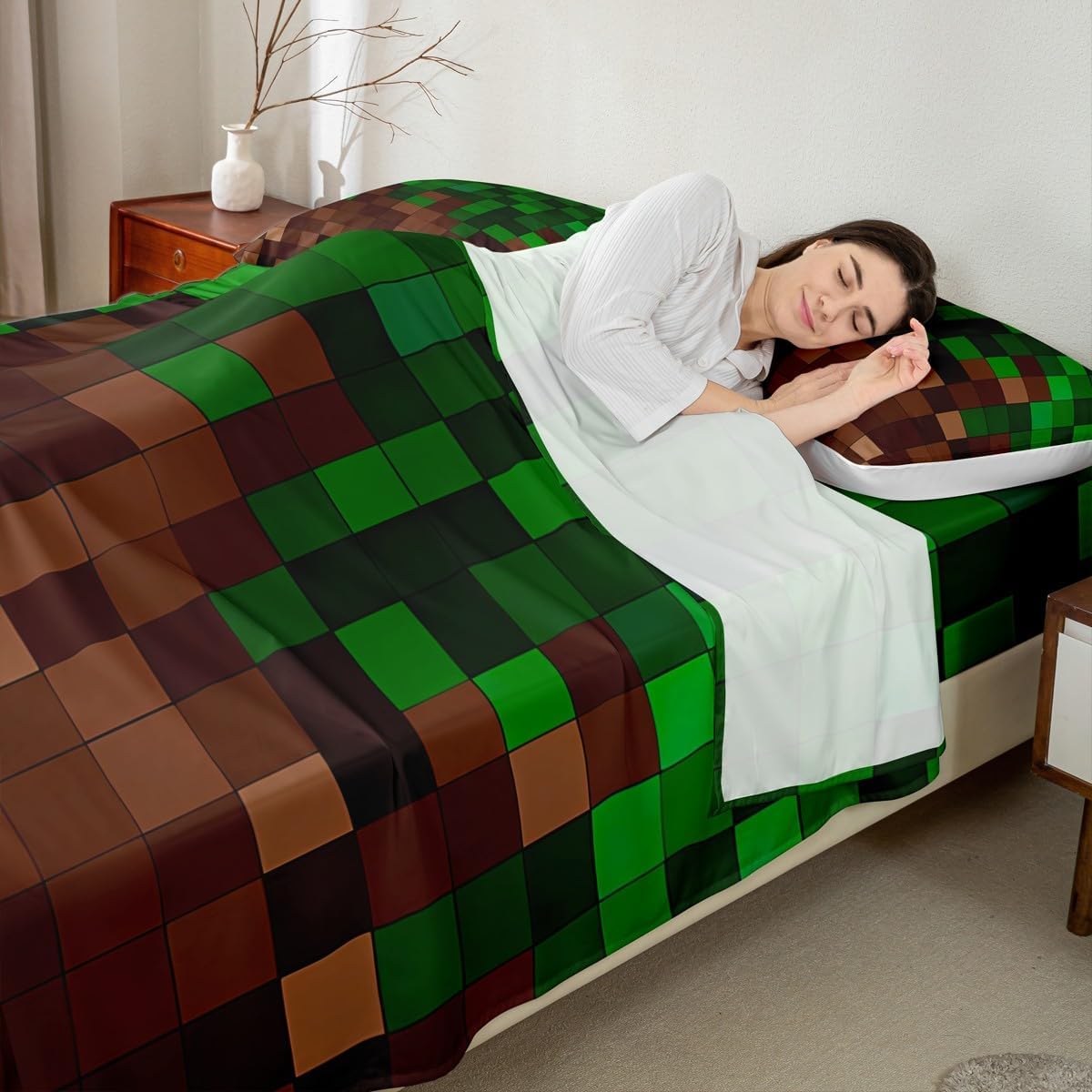 Manfei Pixelated Bed Sheets Queen Size,Patchwork Grid Video Games Bedding Set, Miners Lattice Simple Boys Girls Room Decor,Dark Green Brown Sheet(Fitted+Flat+2 Pillowcases)