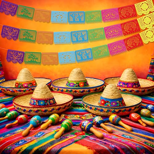 Image of OHOME Cinco De Mayo Decorations - Papel Picado Banner Streams | Mexican Theme Birthday Backdrop Flag Para Fiesta Party Decorations for Taco Accessories Decor Party Favors Supplies