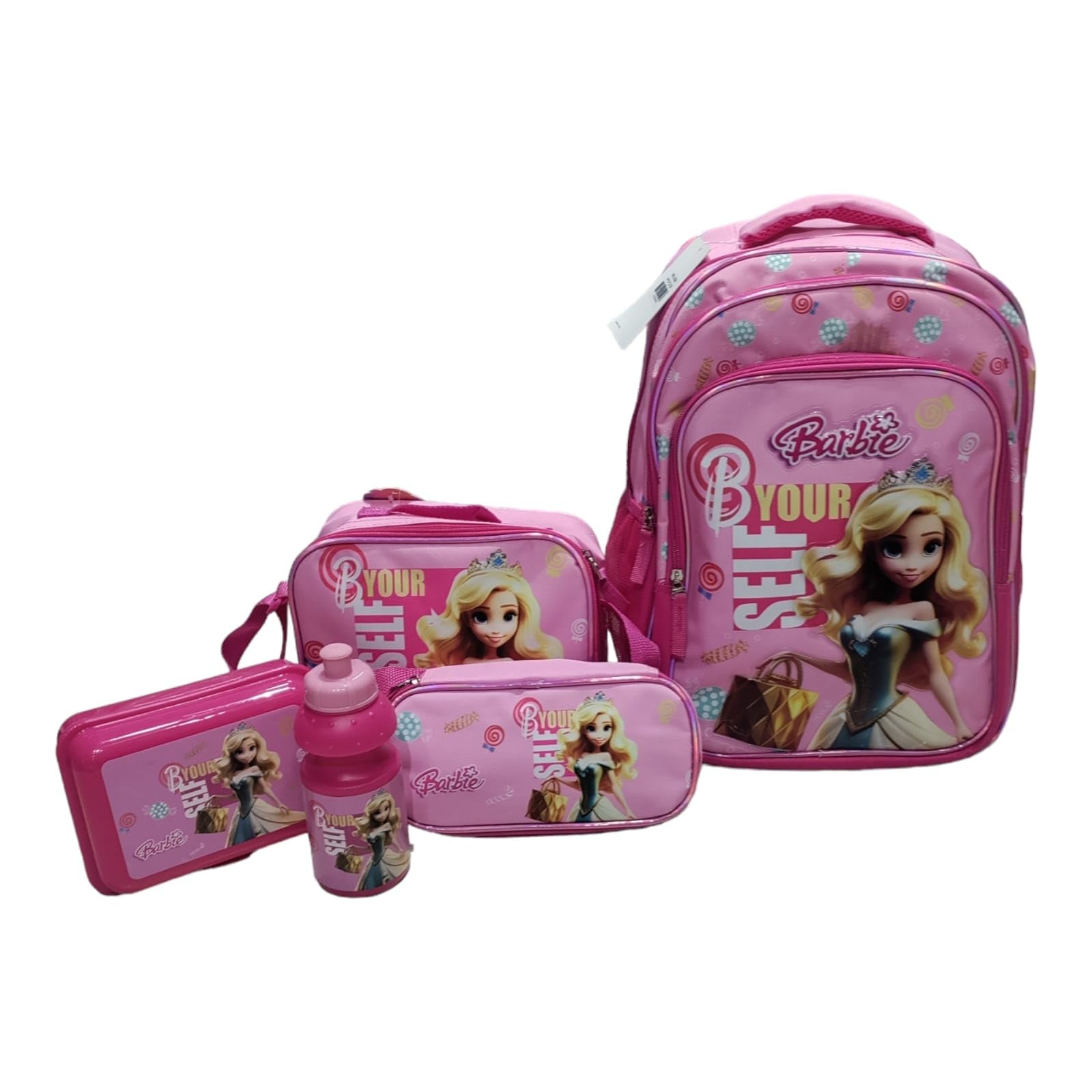 MT HUB 5 in 1 School Set Combo School Backpack, Lunch Bag, Pencil Case, Lunch Box & Waterbottle for Kids 1st to 5th Class Students (Set of 1) (BARBIE)