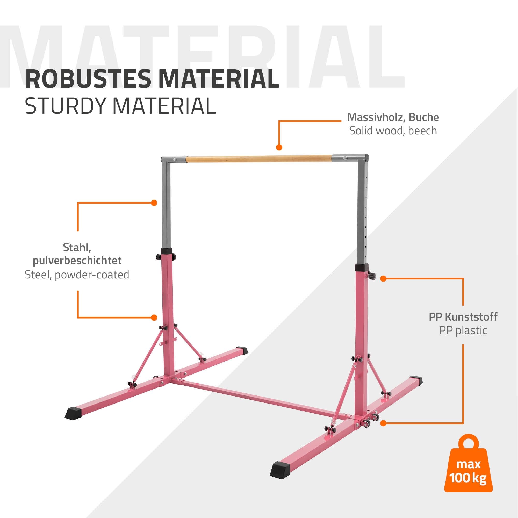 Hauki Gymnastik Turnreck, Gymnastikstange faltbar, Kinder Gymnastics Bar, Reckstange höhenverstellbar 95,5-150 cm, Turnstange aus Holz/Stahl, Trainingsgeräte Indoor/Outdoor, Übungsstange, Heimtraining