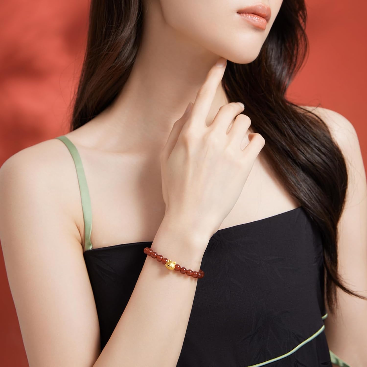 ZHOU LIU FU 24K Solid Gold Bracelets for Women, Stretchable Lucky Animals Real Gold Rabbit Bangle Charm Bracelets, Pure Gold Agate Beaded Zodiac Bunny Bracelet