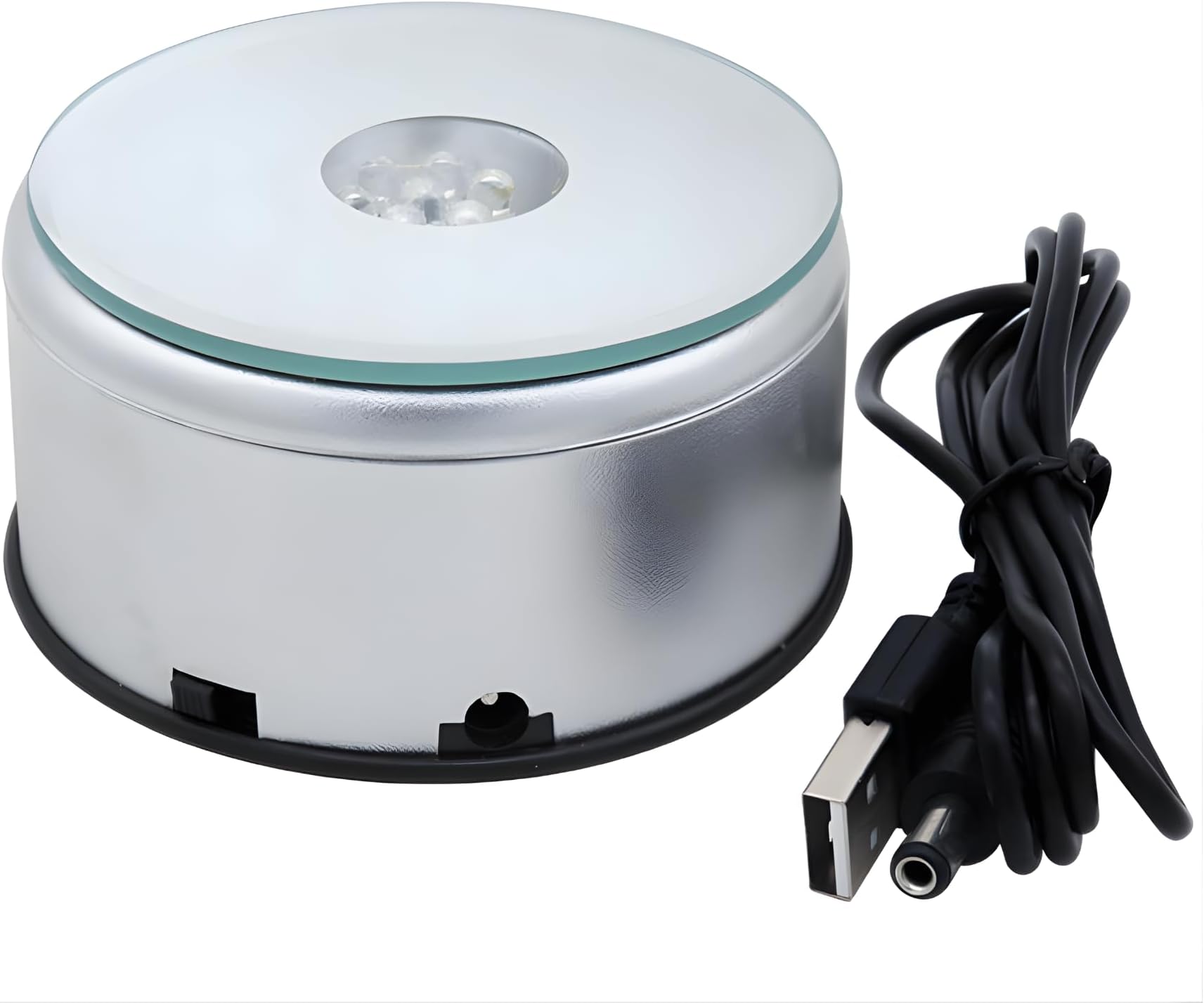 JOUET LED Rotating Display Stand with 7 Colour Lights, 360 Degree Turntable Base with USB Cable, Silver Mirror Platform for Crystal Figurines, Jewellery and Transparent Decor
