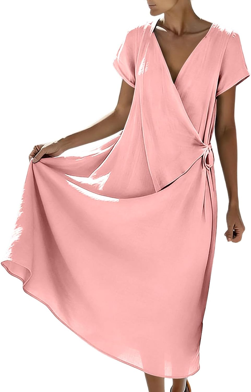 Oplxuo Women's V Neck Wrap Midi Dress, Short Sleeve Casual Flowy Dress with Tie Waist, Summer Beach Vacation Dress