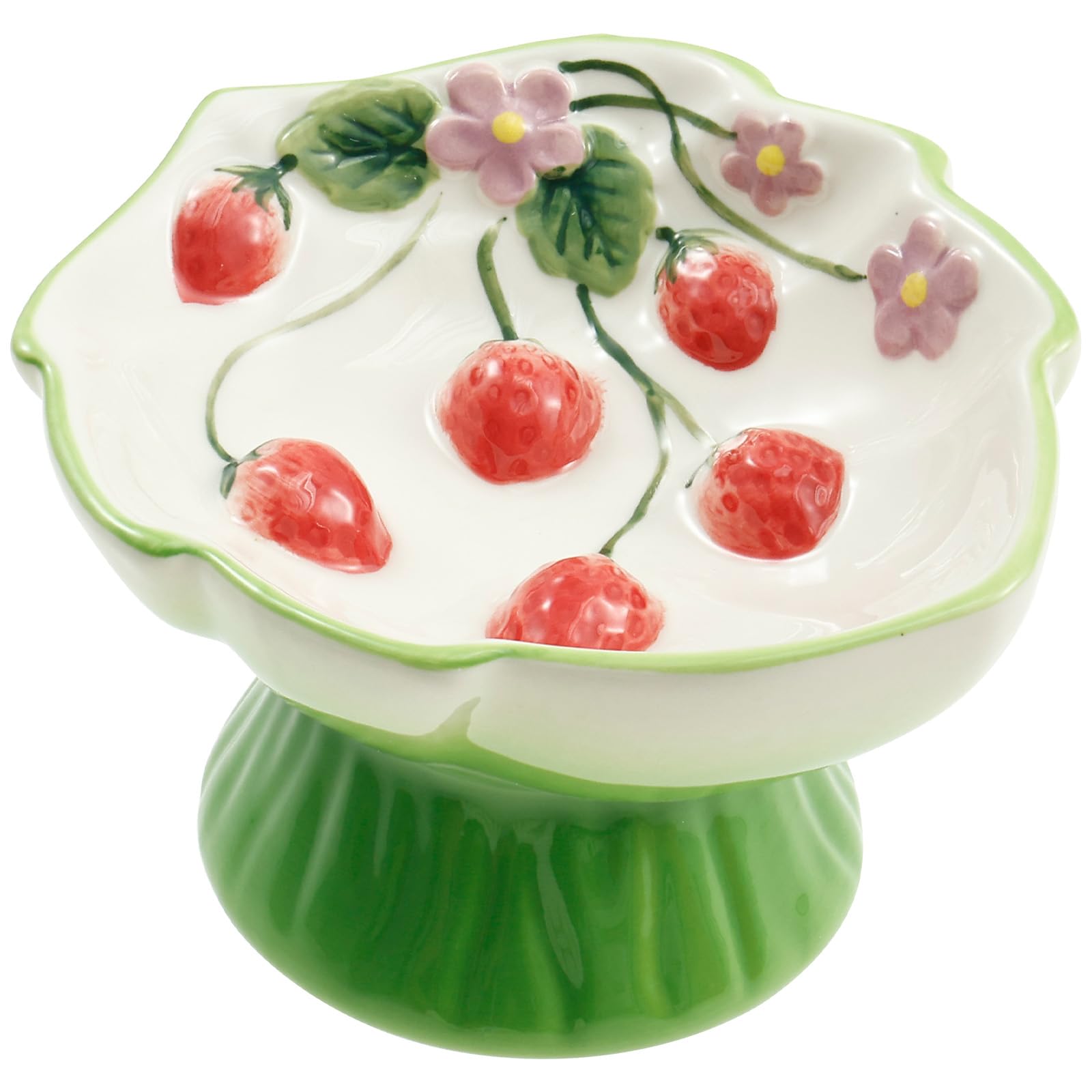 Ceramic Slow Feeder Cat Bowl, Elevated Slant Small Dog Slow Feeder, Raised Tilted Pet Dish, Wide Mouth Design Spill Proof Strawberry Embossed Craftsmanship for Both Dry and Wet Food(green)