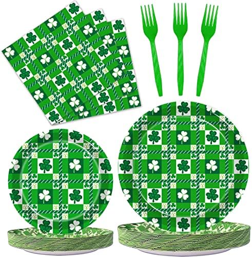 Kepeel 96 Pcs St. Patrick's Day Party Paper Plates Napkins, Green Plaid Irish Shamrock Party Supplies Disposable Dinnerware Tableware for St. Patrick's Day Party, Serves 24