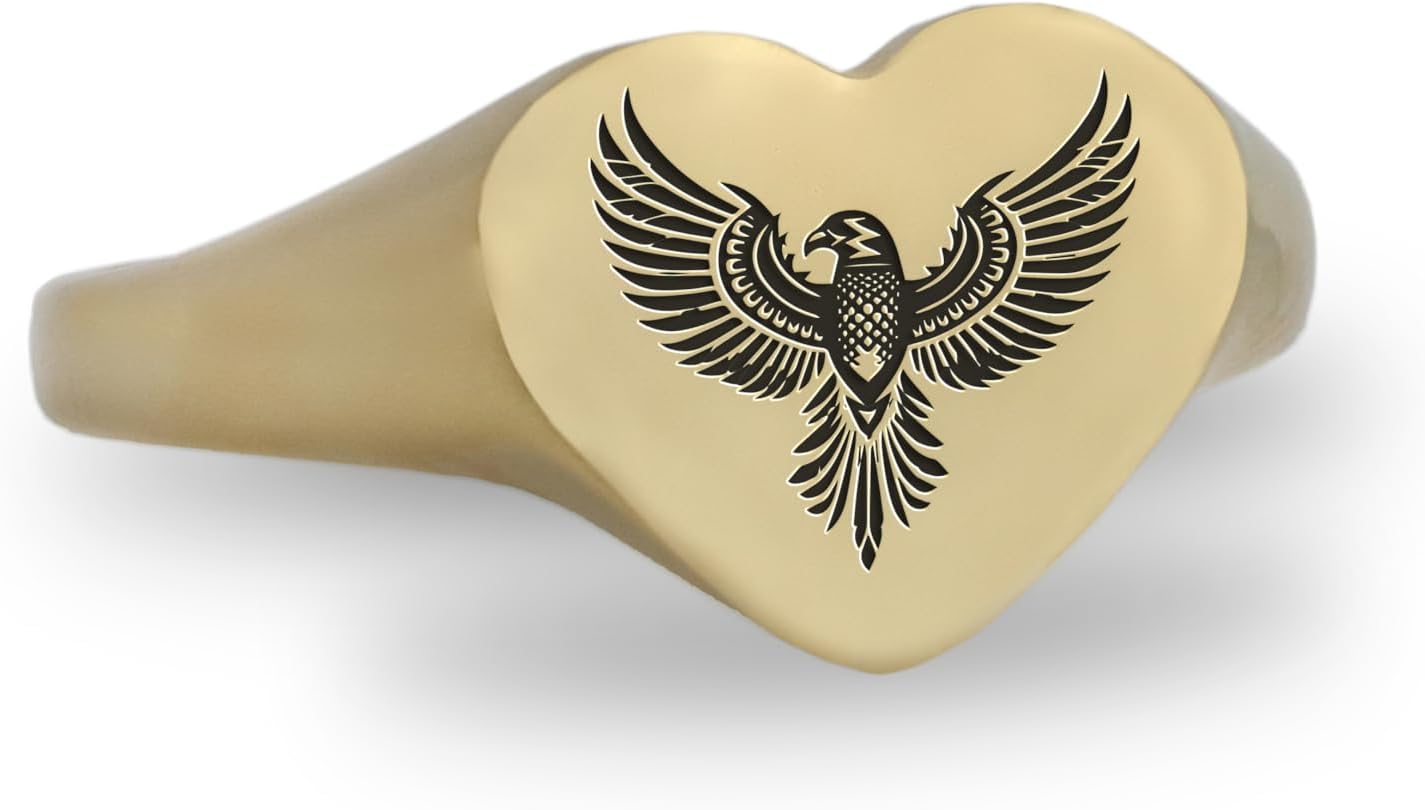 Engraved Tribal Eagle Ring - 14k Gold - Personalized Eagle Jewelry - Heart Shaped Ring