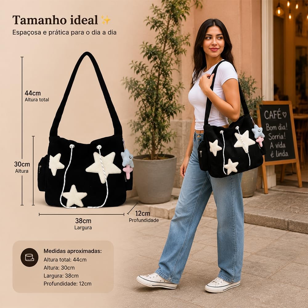 Bolsa Feminina Transversal de Ombro com Estampa de Estrela, Bolsa de Festa de Corduroy, Bolsas de Mão e Ombro Femininas Modernas e Casuais Bolsa Feminina Transversal de Ombro com Estampa de Estrela, Bolsa de Festa de Corduroy, Bolsas de Mão e Ombro Femininas Modernas e Casuais