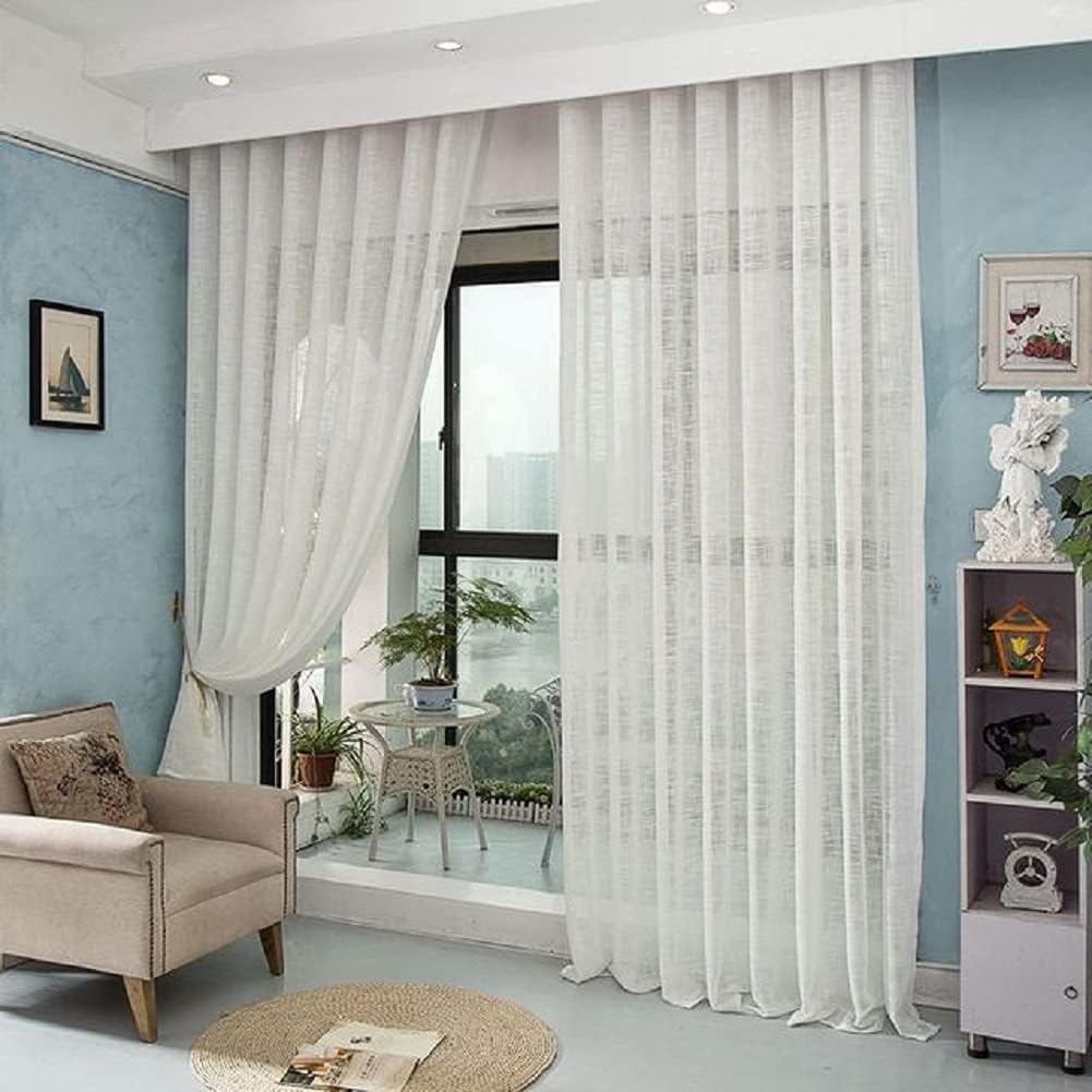 HooHero White Simple Linen 100 Width Sheer Curtains Window Treatments Rod Pocket Top Style Tulle for Kids Nursery Room Bedroom