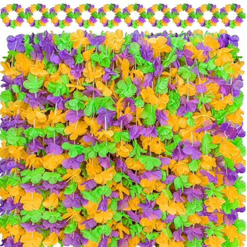 52Pcs Mardi Gras Leis Hawaiian Throws Decorations - Flower Necklaces Headbands Bulk for Parade Party Favors Supplies