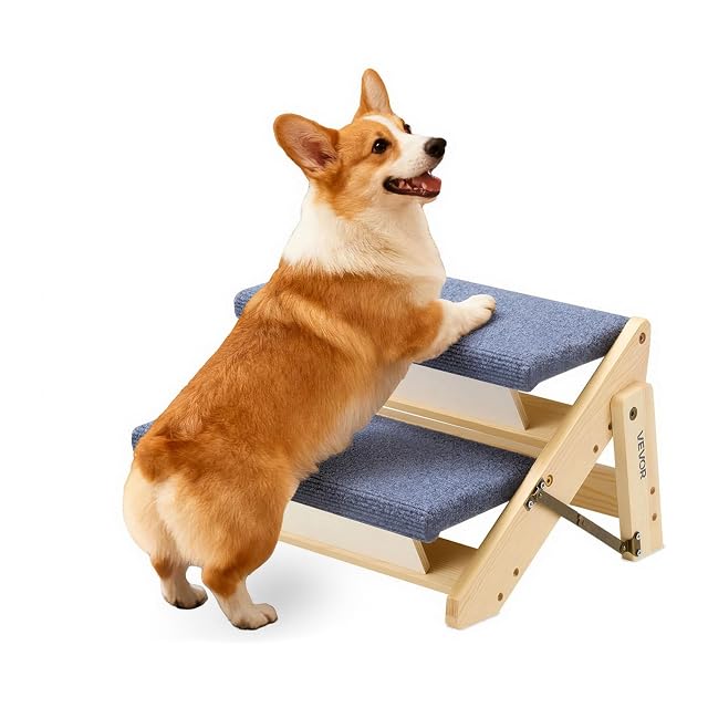 VEVOR Escalera de Madera para Mascotas, 2 Peldaños, para Camas, Sofás y Coches, Carga 50 kg, Plano y Plegable