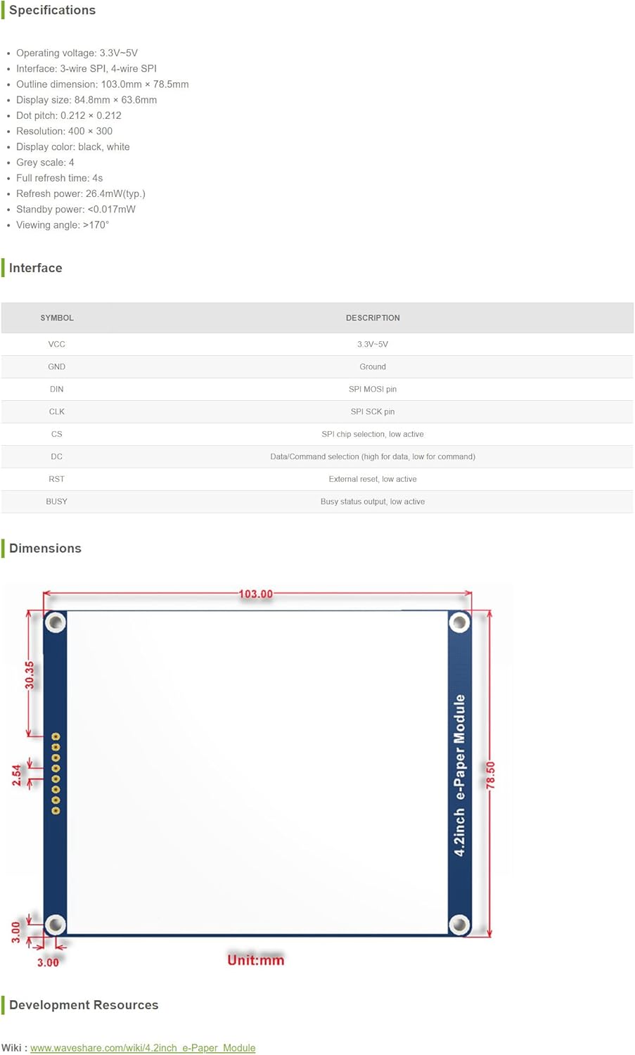 4.2inch E-Ink Display E-Paper Screen Module for Raspberry Pi 4B+ 4B 3B+ 3B 2B+ Zero W WH 2 W Jetson Nano SPI Interface 400x300 Resolution