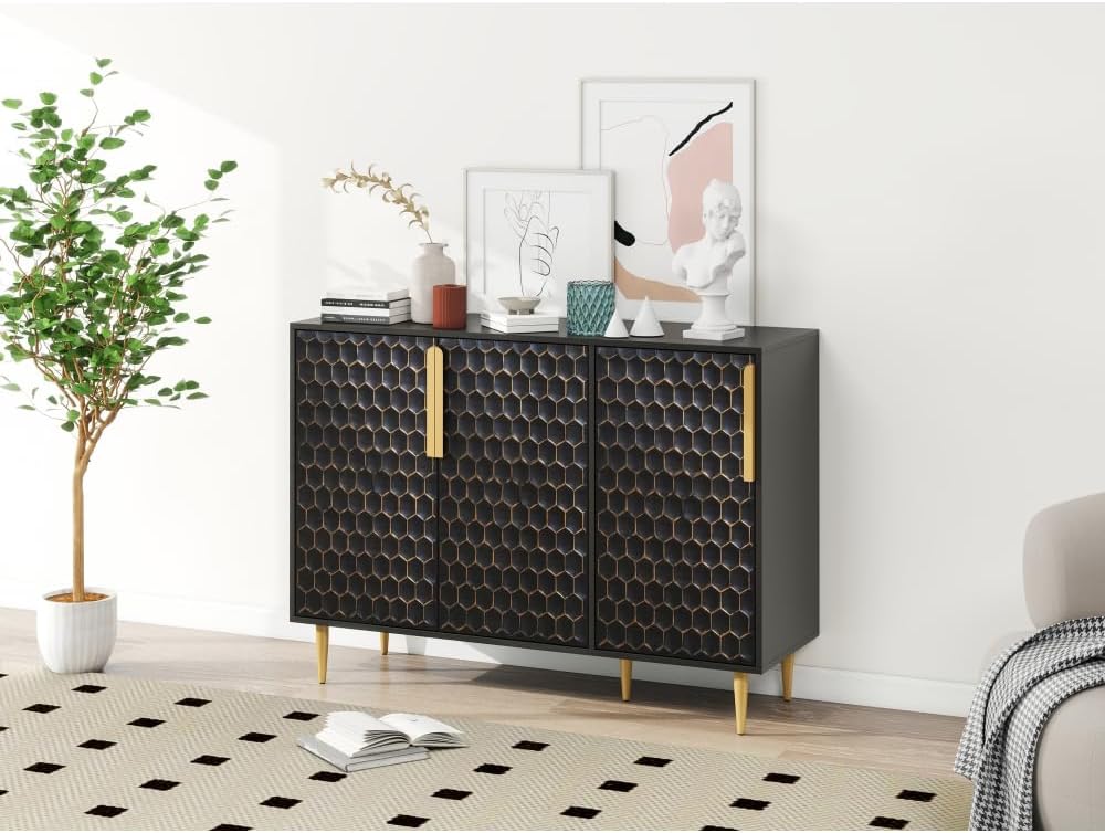 3 Door Storage Cabinet,Buffeet Sideboard with Adjustable Shelves,Honeycomb Seamless Hexagons Pattern Metal Door for Living Room,Dinging Room,Kitchen,Entrance