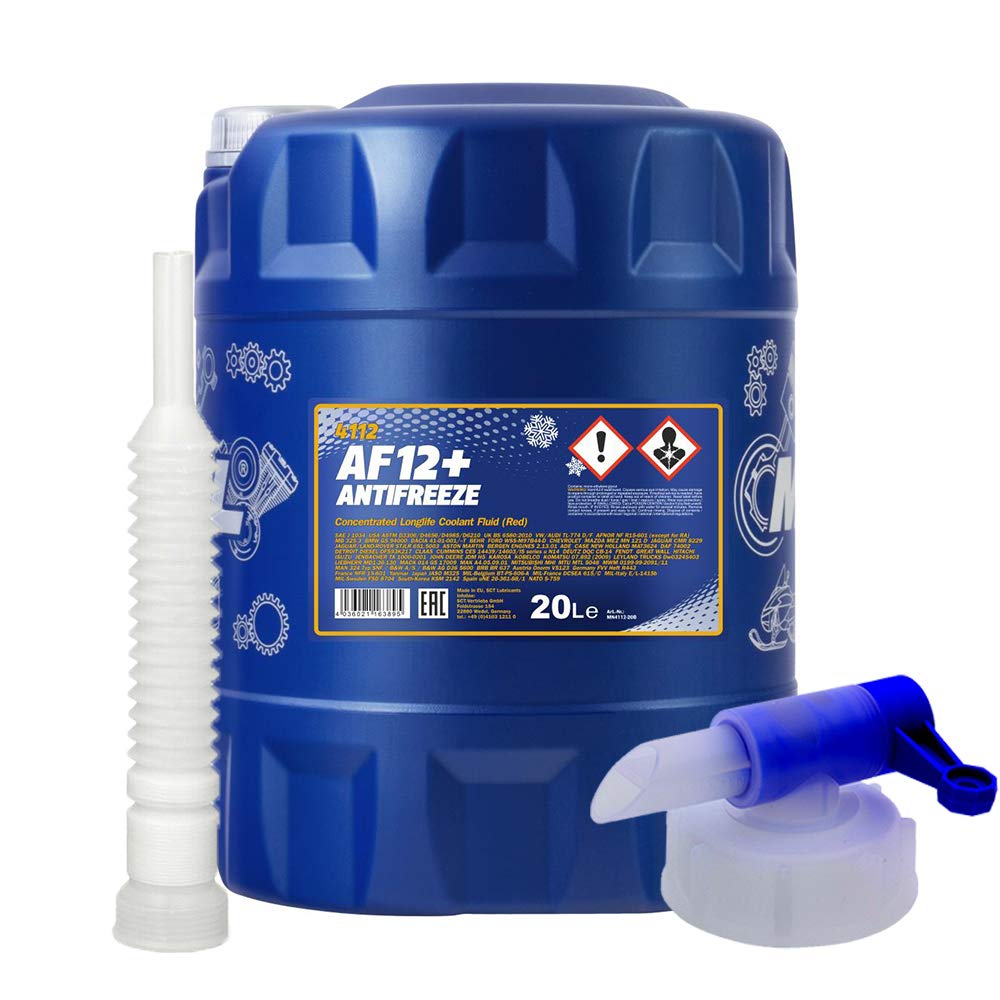 MANNOL Kühlerschutz 20 Liter, AF12+ KÜHLERFROSTSCHUTZ Konzentrat für Kühlsysteme in Maschinen, Rot + Hahn + Schlauch