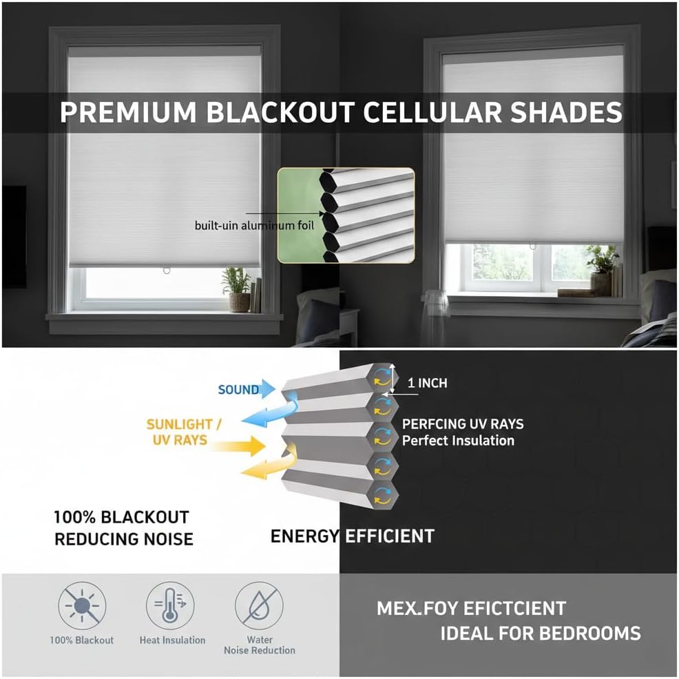 I Inch Cell Shades Cordless Cellular Shades for Windows Blackout Window Shade Honeycomb Blinds for Bedroom, RV, Living Room. White, 94" W x 70" H