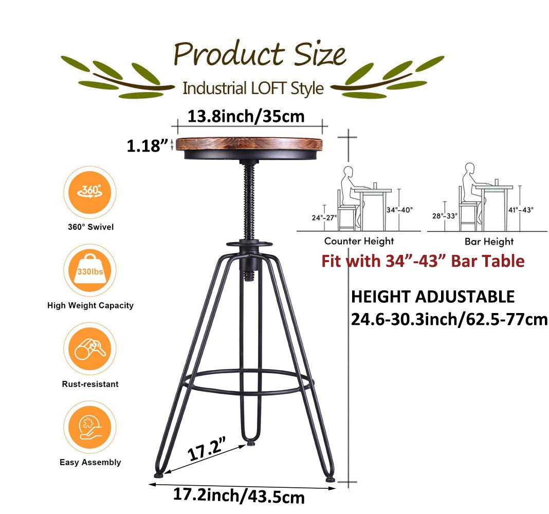 Buy Set of 2 Industrial Bar StoolVintage Adjustable Swivel Wood Metal