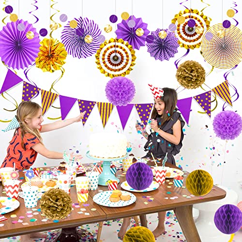 Image of Purple Gold Party Decorations, Graduation Season Hanging Glitter Triangle Flags Banner Paper Fan Tissue Pom Poms Garlands, Women Girl Party, Bridal Shower, Purple Themed Birthday