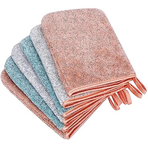 PHOGARY 6 Pack Microfiber Body Wash Mitts, 6×8 Inch Super Absorbent & Soft Face Mitten, Coral Fleece Bath Spa Cloth, Reusable Makeup Remover Mitt Gloves, 3 Colors Cover