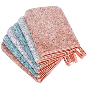 PHOGARY 6 Pack Microfiber Body Wash Mitts, 6×8 Inch Super Absorbent & Soft Face Mitten, Coral Fleece Bath Spa Cloth, Reusable Makeup Remover Mitt Gloves, 3 Colors