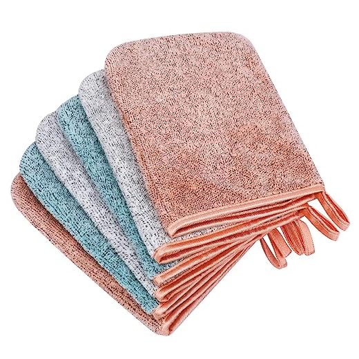 PHOGARY 6 Pack Microfiber Body Wash Mitts, 6×8 Inch Super Absorbent & Soft Face Mitten, Coral Fleece Bath Spa Cloth, Reusable Makeup Remover Mitt Gloves, 3 Colors