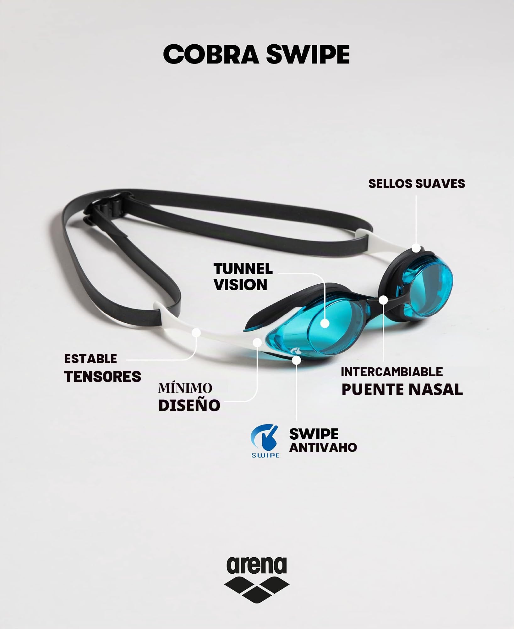 arena Cobra Original Swipe Gafas de Natación de Competición Unisex para Adultos, Gafas de Natación Lentes Antivaho, Protección UV, 4 Puentes Nasales Intercambiables