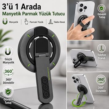 Coofbe 3'ü 1 Arada MagSafe Uyumlu Manyetik Telefon Tutucu, 360° Döner 180° Katlanabilir Parmak Yüzük Tutucu, Yatay Dikey Telefon Standı