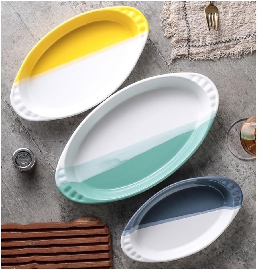 Casserole Dish Creative Baking Dish Ceramic Cheese Baked Rice Plate Microwave Binaural Vegetable Tableware Household Bowl(Yellow,Small)