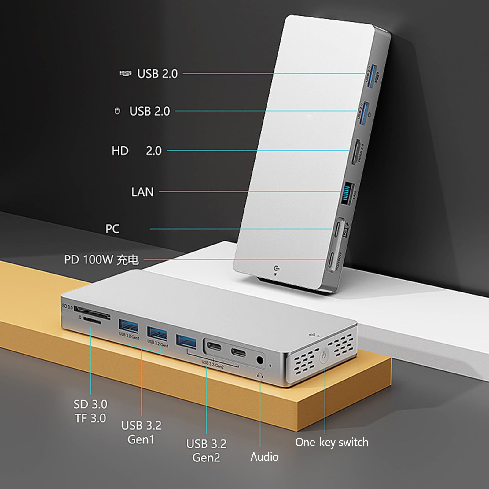 Docking Station USB C in Alluminio 14 Porte 4K 60Hz HDTV 100WPD Lettore schede Ricarica Rapida per Dock per Lettore schede per Laptop