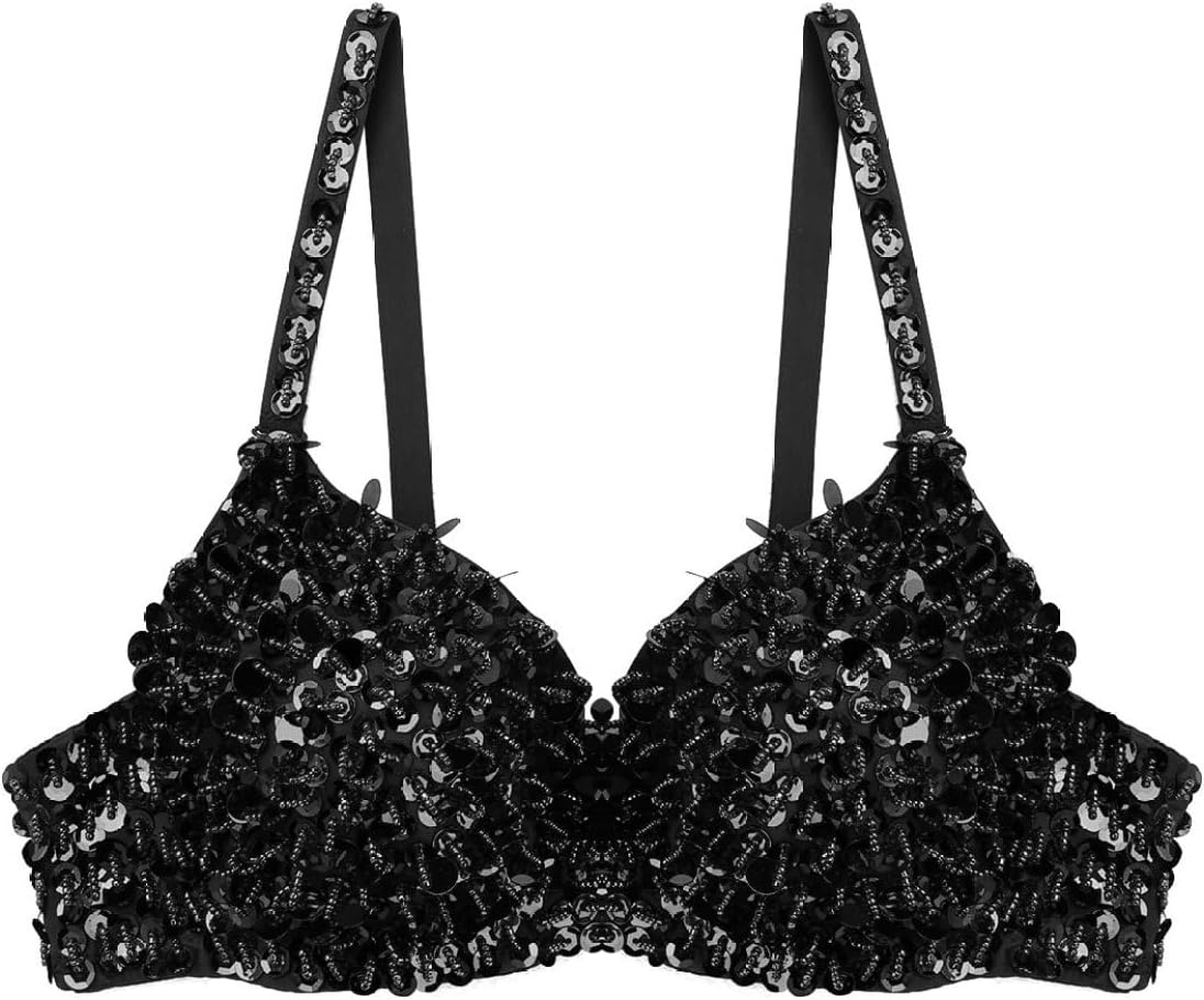 Women's Sparkly Sequins Beading Padded Bras Rave Party Belly Dance Crop Top