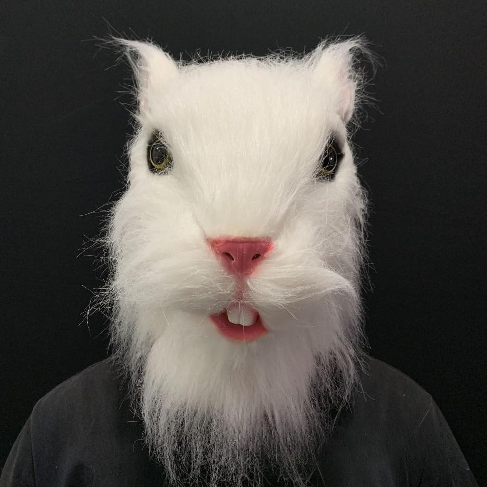 White Cat Mask with Furry Detail, Latex Squirrel Mouse Mask for Cosplay Party - Animal Headpiece Costume Set for Halloween
